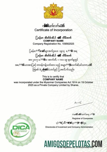 Certificado de Incorporação de Mianmar em branco modelo Word e PDF, versão 2